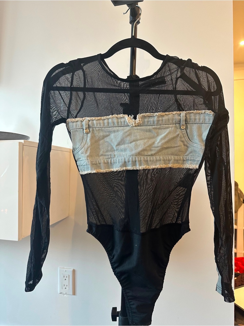 Maniere De Voir Black Mesh One-Piece Bodysuit with Light Denim Panel